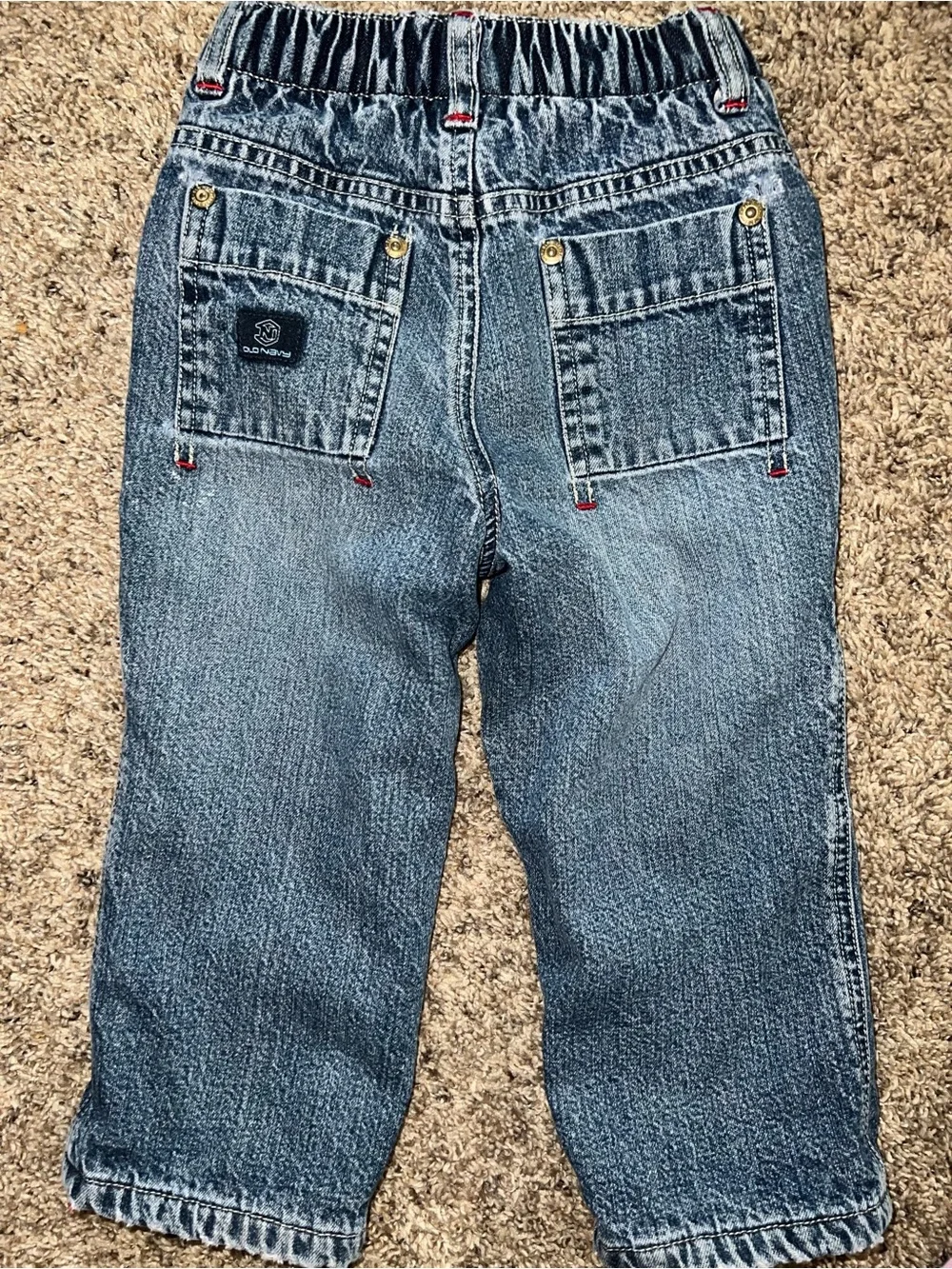Y2K Old Navy Fleece Lined Denim Relaxed Fit Elastic Waist Red Stitch 18-24m